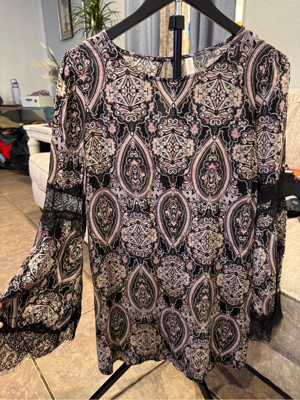 Xhilaration Pink and Black Paisley Lace Mini Dress Flared Sleeves